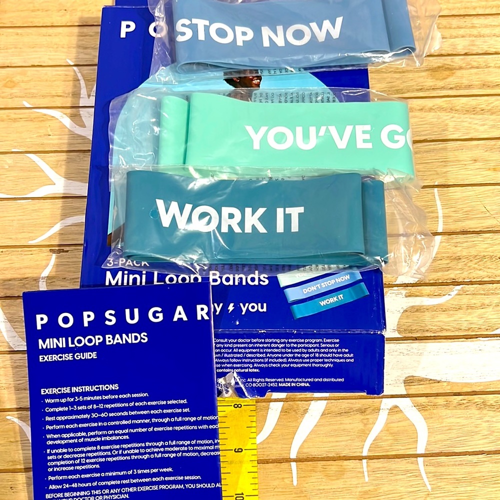 New POPSUGAR 3-Pack Motivational Printed Mini Loop Bands w/ Exercise Guide